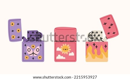 Set of various Lighters. Cigarette lighters with cool colorful prints. Side view. Smoking equipment. Hand drawn isolated Vector illustrations. Design, print templates on white background 