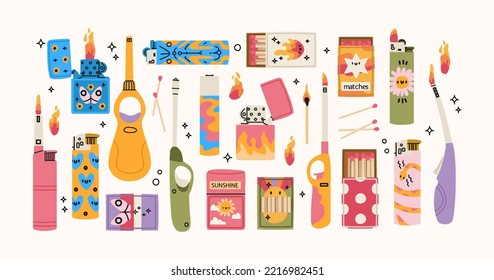 Set of various Lighters and Gasoline lighters. Metal and plastic cigarette lighters with cool colorful prints. Vector illustration. Hand drawn modern isolated Vector illustrations. Design, print 