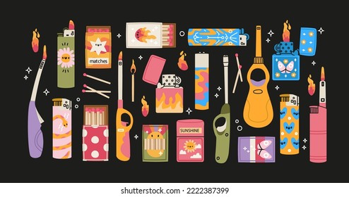 Conjunto de varios encendedores y encendedores de gasolina. Encendedores de cigarrillos metálicos y plásticos con huellas de colores fríos. Ilustración vectorial. Ilustraciones modernas de vectores aislados dibujadas a mano. Diseño, impresión 