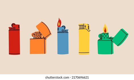 Set of various Lighters. Metal and plastic cigarette lighters. With and without fire or flame. Side view. Colorful smoking equipment. Hand drawn modern isolated Vector illustrations. Design templates