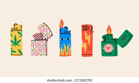 Set of various Lighters. Metal and plastic cigarette lighters with cool colorful prints. Side view. Smoking equipment. Hand drawn modern isolated Vector illustrations. Design, print templates