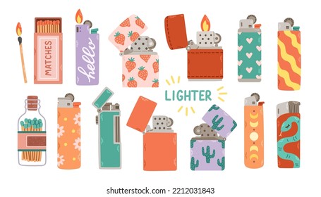 Set of various Lighters. Metal and plastic cigarette lighters with cool colorful prints. Vector illustration