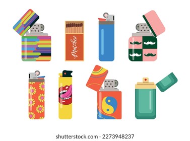 Set of various lighters. Metal and plastic lighters with colorful prints. Side view. Petrol lighters. Hand drawn modern isolated vector illustration. Design, template printing