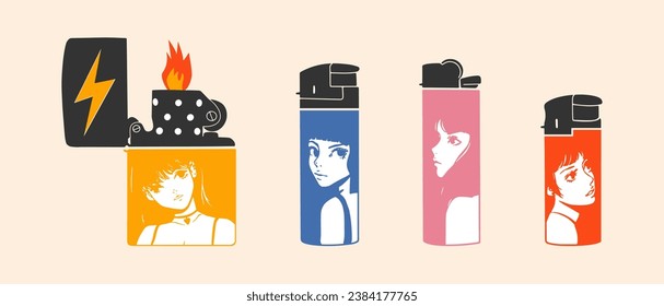 Set of various Lighters. Metal and plastic cigarette lighters with anime style. Hand drawn modern isolated Vector illustrations.