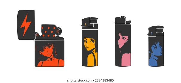 Set of various Lighters. Metal and plastic cigarette lighters with anime style. Hand drawn modern isolated Vector illustrations.