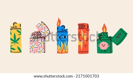 Set of various Lighters. Metal and plastic cigarette lighters with cool colorful prints. Side view. Smoking equipment. Hand drawn modern isolated Vector illustrations. Design, print templates