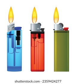 Conjunto de varias ilustraciones vectoriales de encendedores. Iluminadores de gas con fuego en llamas aislados en fondo blanco