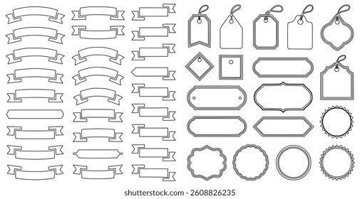 Set Of Various Line Art Ribbon Banners And Frames Vector Illustration
