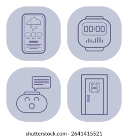 Set of various line icons representing contemporary devices and concepts, including smartphone with weather updates, smartwatch, communication bubble, and door with window
