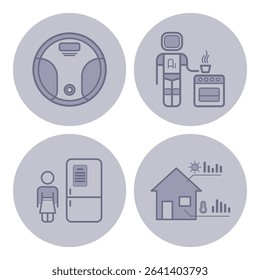 Set of various line icons showcasing modern household items and concepts, including robot vacuum, robot cooking, refrigerator, and smart home display