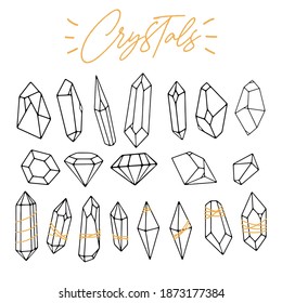 Reihe verschiedener Linearkristalle, Diamanten, Edelsteine, Mineralien, Rhinestone, Geburtsteine. Handgezeichnet. Abstrakte, spirituelle, witzige, boho-Sammlung. Polygonale Formen. Geometrischer Vektorumriss-Stil