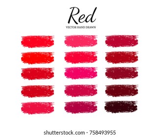 Set of various lipstick smears. Red Color palette. Makeup swatches.