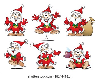 a set of various little cartoon santas, running, sitting, jumping and presenting something