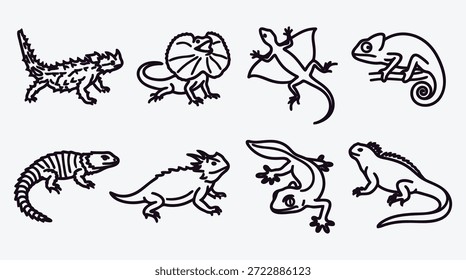 Conjunto de varias ilustraciones de arte de línea de lagarto y geco en negro sobre fondo gris claro