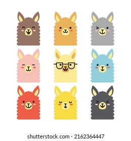 Set of various llama facial expression avatars. Adorable cute baby animal head vector illustration. Simple flat design of happy smiling animal cartoon face emoticon. Isolated, white background.