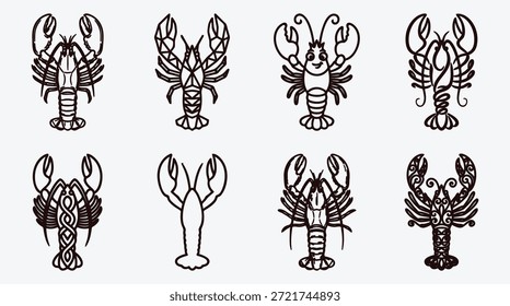 Set verschiedener Hummerillustrationen in verschiedenen Stilen und Designs auf hellgrauem Hintergrund