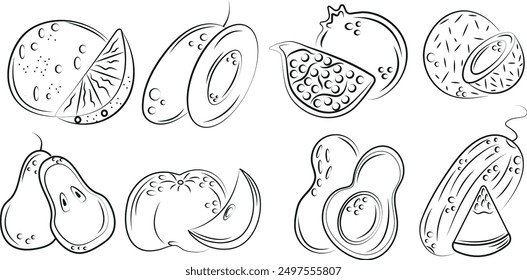 set of various logos of whole fruit and pieces of fruit in abstract style drawn in black outline, vector	