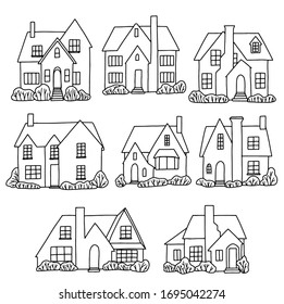 Conjunto de varias casas de campo. Colección de ilustración vectorial hecha a mano en estilo plano minimalista. Dibujos de contorno aislados en blanco. Para diseño, tarjetas, impresión, coloreado, carteles, pegatinas.