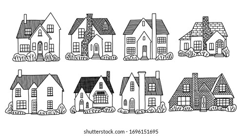 Conjunto de varias casas de campo. Colección de ilustración vectorial hecha a mano en estilo plano de caricatura. Dibujos de contorno aislados en blanco. Para diseño, tarjetas, impresiones, banners, carteles, pegatinas, etc.