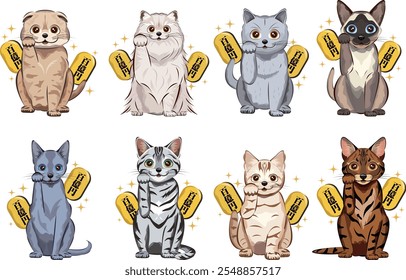 Set von verschiedenen Glückskatzen (Maneki Neko)|Britische Kurzhaar, Persische Katze, Siamesische Katze, Schottische Falte, Bengal, Amerikanische Kurzhaar, Russisches Blau, Munchkin|Text Übersetzung: 10 Milliarden Yen