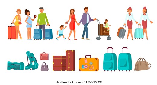 Set of various Luggage and different people with their baggage. Flat Art Vector Illustration