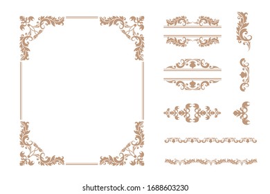 Conjunto de varios cuadros de adorno vintage de lujo y la ilustración plana decorativa de delimitador clásico vectorial. Colección de diferentes elegancia dividida en forma dorada y bordeada aislada en fondo blanco