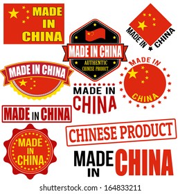 Set of various Made in China graphics and labels on white, vector illustration