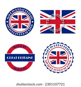Conjunto de varias etiquetas Made in Great Britain aisladas en fondo blanco, ilustración vectorial.
