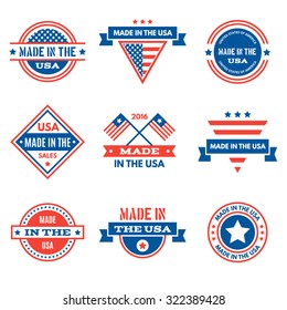 Set of various Made in the USA graphics and labels, emblems, symbols, icons and badges. Business signs, identity templates and design elements.