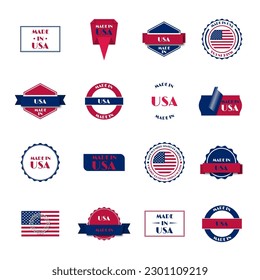 Conjunto de varias etiquetas Made in USA aisladas en fondo blanco, ilustración vectorial.