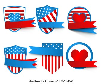 Set of various Made in the USA labels in red and blue colors without inscriptions