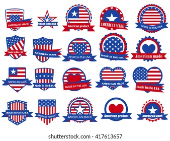 Set of various Made in the USA labels in red and blue colors