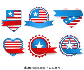 Set of various Made in the USA labels in red and blue colors without inscriptions