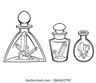 Set of various magic glass bottles and flasks with precious stones inside. Contour enchanting object for postcards, banners and your creativity.