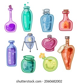 Set of various magical potions, poisons and antidotes. Alchemy and Potion Making. Witch tinctures. Vector hand drawn flat bottles, flasks and jars for mobile games, stickers, applications.