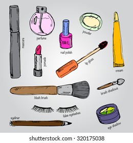 Set of various make up products in sketch style.