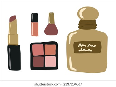 A set of various makeup cosmetics. Lipsticks, nail polishes, eau de toilette, blush. Color flat vector illustration isolated on a white background.