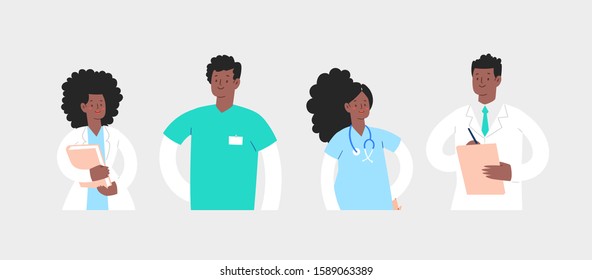 Set of various male and female African medicine workers. Group of hospital medical specialists standing together: doctor, surgeon, physician, paramedic, nurse, other staff. Cartoon vector character