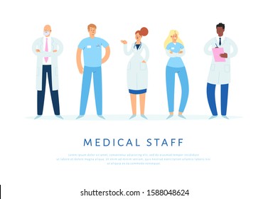 Set of various male and female medicine workers. Group of hospital medical specialists standing together: doctor, surgeon, physician, paramedic, nurse and other staff. Cartoon vector characters 