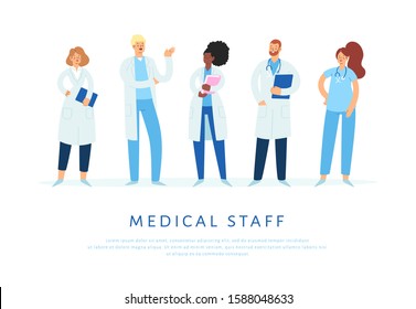 Set of various male and female medicine workers. Group of hospital medical specialists standing together: doctor, surgeon, physician, paramedic, nurse and other staff. Cartoon vector characters 