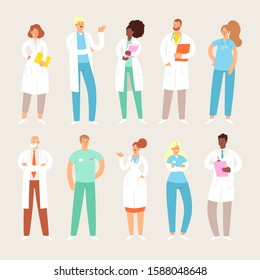 Set of various male and female medicine workers. Group of hospital medical specialists standing together: doctor, surgeon, physician, paramedic, nurse and other staff. Cartoon vector characters 