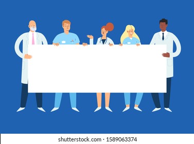 Set of various male and female medicine workers holding an empty blank banner with copy space for text. Group of hospital medical specialists standing together: doctors, medics, nurses and other staff
