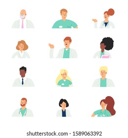 Set of various male and female medicine avatar workers. Group of hospital medical specialists standing together: doctor, surgeon, physician, paramedic, nurse, other staff. Cartoon vector characters 