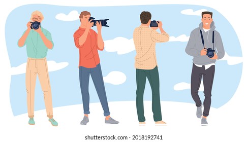 Set of various male photographers holding photo camera. Cute cartoon characters taking photo shot. Flat style vector illustration.