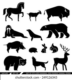 Set of various mammals and rodents: horse, goat, bison, seal, walrus, Arctic bear, bear, wild boar, hedgehog, rabbit, squirrel, wolf, deer,. Vector illustration.