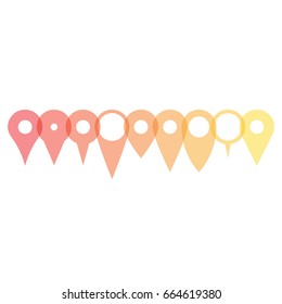 Set of various map pointers arranged in a row, patly transparent and overlapping. Simple flat silhouette of vector objects.
