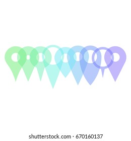 Set of various map pointers arranged in a row, patly transparent and overlapping. Simple flat silhouette of vector objects.