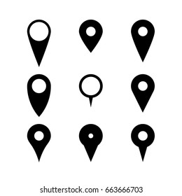 Set of various map pointers. Simple flat black vector objects.