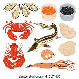 set of various marine animals and fish for seafood