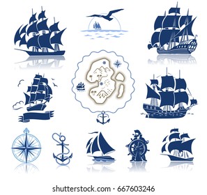 Set of various marine emblem silhouettes and ancient isle map